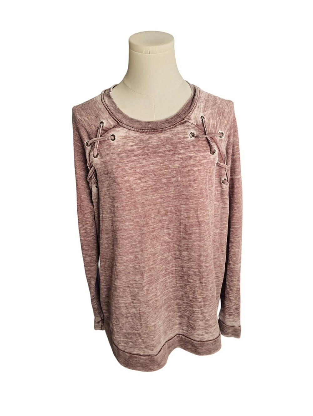 Jane and Delancey Dusky Purple Red Acid Washed Crisscross Sweater Tee Size Large
